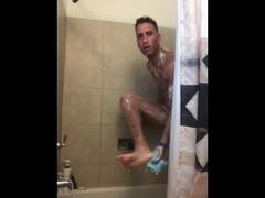 Hardcore wank massive cumshot and soapy shower